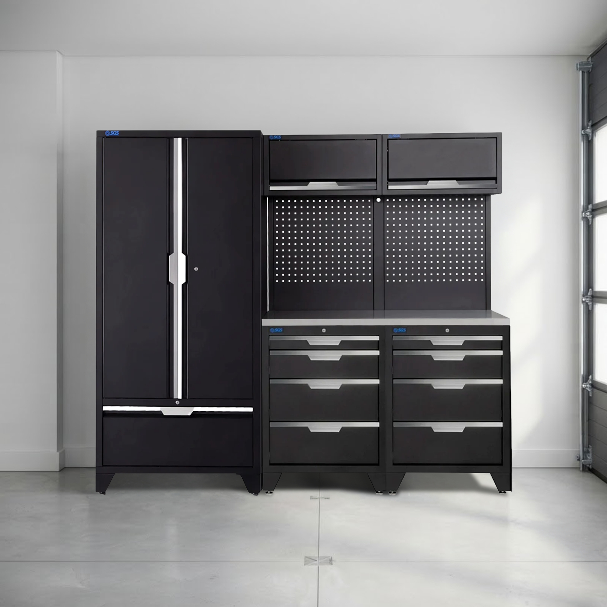 SGS 7pc Modular Garage Storage | 8 Drawers | Stainless Steel Worktop | 2x Upper Cabinets | Tall Double Cabinet with Drawer